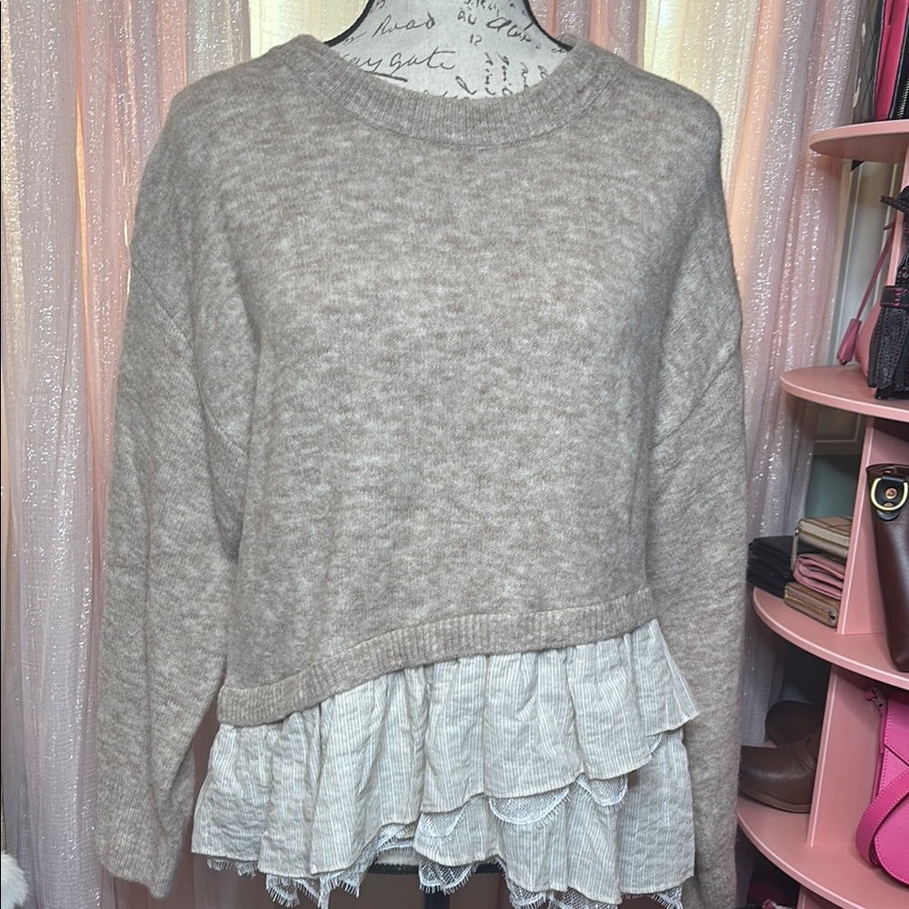 Cinq à Sept Cream Sweater with Cream Ruffle Hem